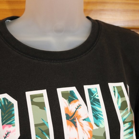 PINK Victoria's Secret Spellout Logo Pullover Sweatshirt Tropical Print Black SM - Picture 4 of 6